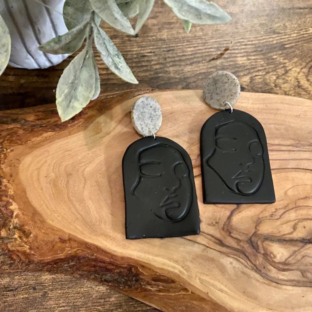 Handmade Clay Earrings | Face Outline Statue | Granite and Black | Push Backs
